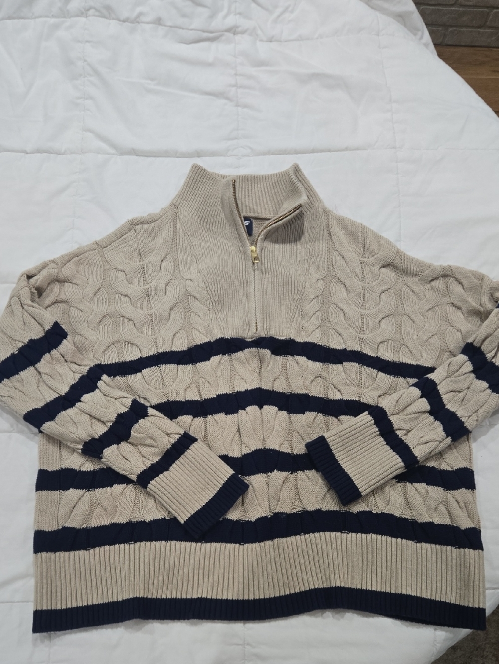 Beige Cable-Knit Half-Zip Sweater with Navy Stripes - Womens